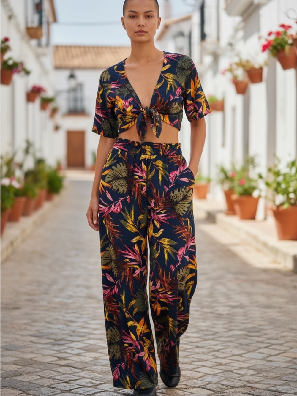 Tropical-Print High-Rise Wide Leg Pants and cropped tie front top - 2 piece set